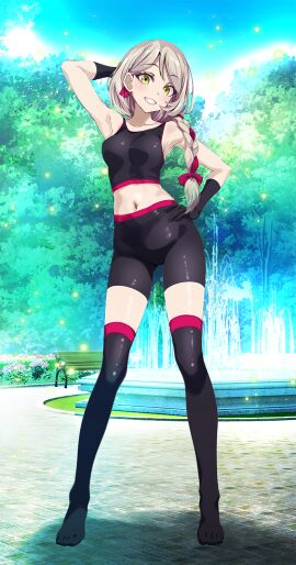 1girls bench bike_shorts black_gloves black_shorts black_thighhighs blonde_hair bow braid breasts crop_top female female_only fire_emblem fire_emblem_engage fountain framme_(fire_emblem) gloves grey_hair grin hat highres long_hair looking_at_viewer medium_breasts midriff multicolored_hair navel nintendo outdoors park park_bench plaid ribbon shorts single_braid sleeveless smile solo thighhighs tight_clothes tsukishiro_saika two-tone_hair yellow_eyes