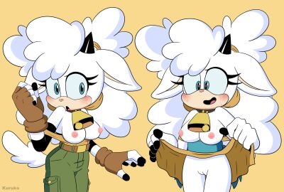 1girls 2d anthro bell bell_collar big_hair blue_eyes bovid breasts caprine cargo_pants cowbell dipstick_fingers dress dress_lift ewe female female_only fingerless_gloves fluffy furry furry_only gloves heart heart-shaped_pupils horns idw_comics idw_publishing kuruko lanolin_the_sheep mobian mobian_(species) mobian_sheep no_bra no_panties pants pussy sega sheep sheep_ears sheep_girl sheep_horns solo sonic_(series) sonic_the_hedgehog_(comics) sonic_the_hedgehog_(idw) sonic_the_hedgehog_(series) white_body white_fur white_hair white_wool wool wool_(fur)