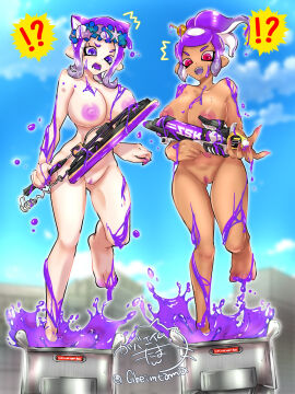 !? 2girls aloha_(alohayeah) breasts dark-skinned_female embarrassed_nude_female enf feet female gbeimtama golden_toothpick_(splatoon_2) holding_weapon light-skinned_female naked nipples nude_female octoling octoling_girl purple_eyes purple_hair pussy red_eyes saylor_(saylormimi) shocked splatoon splatoon_(series) splatoon_3 splatoon_oc tentacle_hair