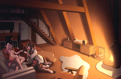 after_sex after_sex_smoking animal_genitalia animal_penis anthro appliance bar_stool bathrobe bathrobe_only breasts bronwynn_(glopossum) cervine chain_necklace chair cigarette clothing coffee_table constance_(glopossum) deer detailed_background digital_media_(artwork) duo equid equine equine_genitalia equine_penis facial_piercing fallow_deer female fireplace firewood freckles fridge furniture genitals glopossum hi_res horse inside jewelry kitchen_appliance lounging male mammal necklace nipples nose_piercing nose_ring nude penis piercing record_player ring_piercing robe rug smoke smoking smoking_cigarette sofa stairs stool trans_woman transfem