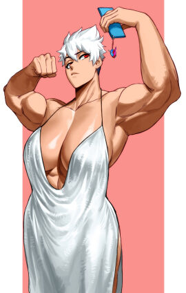 1girls athletic athletic_female big_breasts breasts cellphone cleavage dragon_ball dress fan_character female female_only flexing flexing_bicep hi_res kamen_rider_build_(series) kei_(subway_gorilla) long_dress looking_at_phone muscular muscular_female phone red_eyes selfie short_hair solo sotcho spiky_hair taking_selfie white_dress white_hair