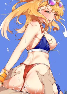 1boy absurdres anus ass ass_grab bikini bikini_bottom_aside bikini_top_pull blue_background blush breasts clothing_aside commentary_request eyewear_on_head female floating_hair gakuen_idolmaster highres idolmaster kimi_to_semi_blue_(idolmaster) long_hair looking_at_viewer looking_back male median_furrow medium_breasts mismatched_bikini nipples orange_hair sex sex_from_behind shion1350 shiun_sumika simple_background smile straight swimsuit tinted_eyewear tongue tongue_out very_long_hair