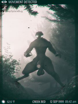 3d 3d_(artwork) balls big_balls big_penis camera chittercg creature cryptid forest looking_at_viewer male penis recording staring_at_viewer thick_thighs white_eyes