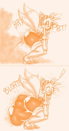 anthro ass big_ass charygem comic fart femboy furry hyper_feces hyper_scat krinklymay lips male redraw redrawn rouge_the_bat_(cosplay) scat soiling sonic_(series) sonic_the_hedgehog_(series) suit_inflation tails tails_the_fox text
