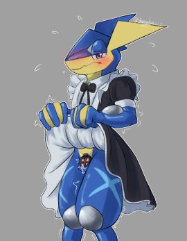 bottomwear chastity_cage chastity_device clothed clothing clothing_lift generation_6_pokemon greninja hi_res maid_uniform male nervous nintendo pokemon pokemon_(species) pokemon_only shoomka skirt skirt_lift solo uniform