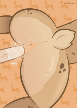 absurd_res anthro anus ass bodily_fluids brown_body brown_fur bubble_ass bubble_butt cum cum_on_penis deer doggy_style duo female from_behind_position fur genital_fluids genitals hi_res male male/female mammal markings ouchlucas penis scut_tail sex short_tail simple_background spots spotted_markings tail