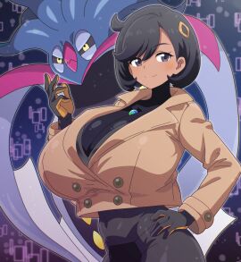 1girls 1other absurdres alternate_breast_size_(larger) big_breasts black_bodysuit bodysuit bodysuit_under_clothes breasts emma_(pokemon) female game_freak gen_6_pokemon highres hitokiwa_kenchin huge_breasts looking_at_viewer malamar mega_stone nintendo pokemon pokemon_(creature) pokemon_legends:_z-a shiny_clothes wide_hips