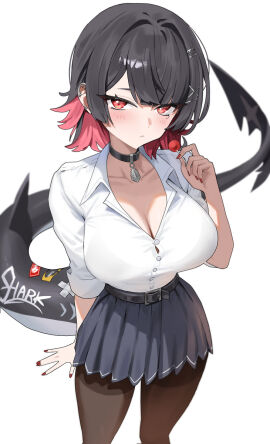 bashful bby big_breasts blush blushing_at_viewer breasts bursting_breasts collar ellen_joe female hoyoverse large_boobs large_breasts lollipop looking_at_viewer monster_girl school_uniform schoolgirl_uniform shark_girl shark_tail skirt sole_female tail zenless_zone_zero