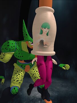 3d animated big_breasts bouncing_breasts breasts cell_(dragon_ball) cell_vore confused_expression crossover curvy_female darkstalkers disgusted_expression dragon_ball dragon_ball_z female morrigan_aensland swallowed_whole voluptuous_female vore yugerov