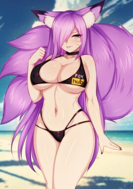 1girls beach beach_background big_breast big_breasts bikini black_bikini black_swimsuit black_swimwear blue_eyes breasts dirtykuro female female_only fox fox_ear fox_ears fox_girl fox_tail foxykuro hair_covering_eye hair_covering_one_eye hair_over_eye hair_over_one_eye huge_breast huge_breasts kuro_(foxykuro) large_breast large_breasts long-haired_female long_purple_hair pornhub pornhub_bra purple-haired_female purple_hair swimsuit swimwear