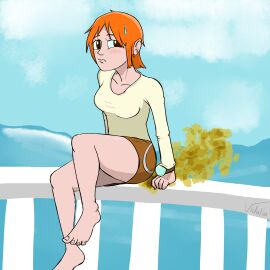anime blush boat fart fart_cloud fart_fetish farting female female_only leaning nami_(classic) nami_(one_piece) ocean one_piece orange_hair shonen_jump vidaliasmells