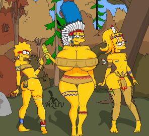 1boy 20th_century_studios 2girls accurate_art_style areolae_peeking bart_simpson breasts breasts_bigger_than_head female femboy flaccid huge_breasts lisa_simpson loincloth male marge_simpson milf mluv native_american_clothing native_american_headdress nipple_bulge nipples_visible_through_clothing penis thanksgiving the_simpsons wide_hips yellow_body yellow_skin
