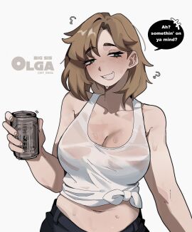 1girls big_breasts blonde_hair breasts can cleavage clothing crop_top female female_only green_eyes library_of_ruina ny_000a olga_(library_of_ruina) olga_(project_moon) project_moon see-through see-through_clothing short_hair sweat turquoise_eyes wet