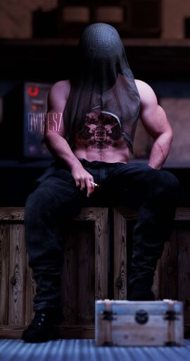 1boy 3d call_of_duty call_of_duty_modern_warfare_(2019) cigarette cut dwisesz hidden_face male male_only masculine masked masked_male muscular scar sebastian_krueger shirtless shirtless_male sitting solo solo_male tattoo