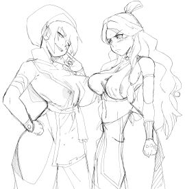 2girls alternate_breast_size annoyed avatar_legends avatar_the_last_airbender blind breasts busty drpizzaboi1 earth_kingdom female female_only grin huge_breasts human inkershike katara large_breasts monochrome multiple_females multiple_girls no_artist_signature sketch smug smug_face smug_grin thick_thighs thighs toph_bei_fong water_tribe wip work_in_progress