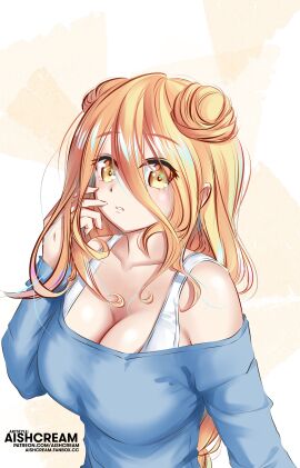2d 2d_(artwork) aishcream big_breasts blowjob breasts cleavage date_a_live female female_only hoshimiya_mukuro light-skinned_female light_skin long_hair shirt solo solo_female upper_body yellow_eyes