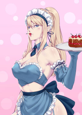 1girls apron armpits blonde_hair blue_eyes breasts cake cherry chubymi deep_armpits detached_collar elbow_gloves female female_only food food_in_mouth fully_clothed garter_straps gloves heart holding_tray large_breasts looking_at_viewer maid maid_apron maid_headdress maid_uniform metroid mole mole_under_mouth necktie nintendo ponytail samus_aran tray waist_apron
