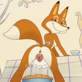 2024 animal_genitalia animal_pussy anthro anus apron apron_only canid canine canine_genitalia canine_pussy character_request clothing female food fox fur genitals hi_res lonbluewolf looking_back mammal multicolored_body multicolored_fur orange_fur pastry pie pussy solo soviet_cartoon tan_body tan_fur