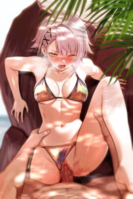 1boy alternate_costume art_undertaker bikini bikini_bottom_aside blush breasts breasts_apart clothing_aside commander_(girls'_frontline) commentary english_commentary female girls'_frontline girls'_frontline_2:_exilium gold_bikini grey_hair hair_ornament highres male medium_breasts navel one_eye_closed open_mouth penis pov pussy sex short_hair stomach straight swimsuit uncensored vaginal_penetration vector_(girls'_frontline) vector_(girls'_frontline_2) x_hair_ornament yellow_eyes