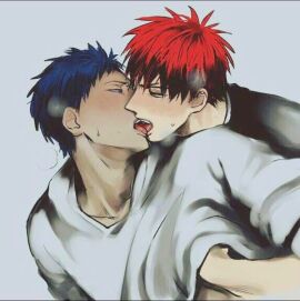 2boys aomine_daiki blue_eyes blue_hair blush daiki_aomine french_kissing from_behind kagami_taiga kissing male male_only navy_blue_hair no_visible_genitalia pretty_boy red_eyes red_hair red_hair_on_blue_hair taiga_kagami tan_skin