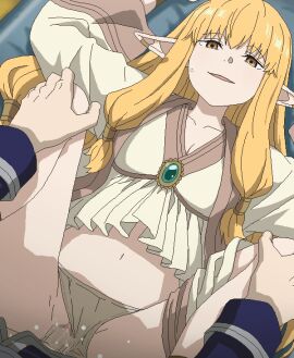 1boy 1girls blonde_hair censored clothed_sex clothing_aside commentary_request elf elf_ears elf_female female genau_(sousou_no_frieren) hands_on_another's_knees human human_male light-skinned_female long_hair long_sleeves lying male male_human/female_elf missionary missionary_position mosaic_censoring on_back panties panties_aside penis pointy_ears pov pussy serie_(sousou_no_frieren) sex sousou_no_frieren straight tomu_(tomubobu) underwear vaginal_penetration white_panties yellow_eyes