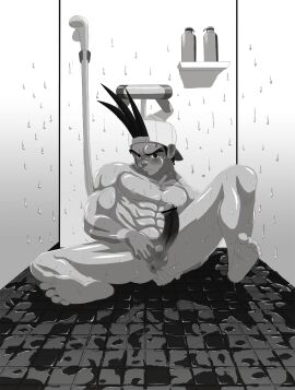 1boy anus ass backwards_baseball_cap balls bandaid bandaid_on_nose bar_censor bara barefoot baseball_cap blush capcom censored completely_nude erection foot_fetish gay kgnm_(pixiv1224342) male male_only monochrome nude penis pixiv_id_1224342 rival_schools shoma_sawamura shower solo spread_anus tagme_(artist) tan_skin tanline thick_eyebrows video_games wet yaoi