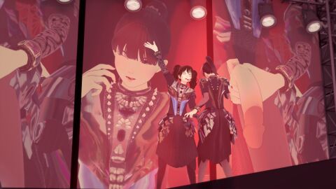 3d babymetal balls black_hair costume female futanari grabbing_balls hidden_handjob hole_in_pants intersex koikatsu moa_kikuchi multiple_females multiple_girls penis ponytail real_person suzuka_nakamoto tagme touching_balls touching_penis twintails waving