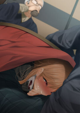 2boys blonde_hair blowjob cum cum_in_mouth cup drinking earrings fellatio female fumihiko_(fu_mihi_ko) fumihiko_(pixiv2658856) gojou_kaoru gojou_wakana hiding highres holding holding_cup implied_fellatio implied_oral indoors japanese_clothes jewelry kitagawa_marin kotatsu long_hair male multiple_boys multiple_males old old_man oral pink_eyes sono_bisque_doll_wa_koi_wo_suru stealth_fellatio stealth_sex straight table under_kotatsu under_the_table