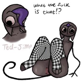 ambiguous_gender anus ass big_ass big_butt brown_body brown_skin english_text humanoid long_socks noodle_arms profanity purple_tongue red_anus simple_background solo tagme tail ted-simp text thin_tail tongue unknown_species what what_the_fuck_is_that!?_(ted-simp) white_background