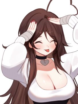 1girls ah_eto..._bleh_(meme) belly_button blush brown_hair female female_only indie_virtual_youtuber large_breasts long_hair not_porn sky_(skyaboveme) skyaboveme solo solo_focus thighs virtual_youtuber white_background