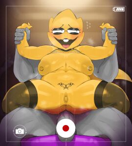 2024 alphys anthro anus areola ass balls big_areola big_breasts big_nipples blush breasts clothing dinosaur extinct female genitals hi_res huge_areola huge_breasts huge_nipples human human_on_anthro interspecies leggings legwear male male/female mammal mdthetest mostly_nude nipples nude penis prehistoric_species pussy reptile scalie smile undertale undertale_(series) yellow_body