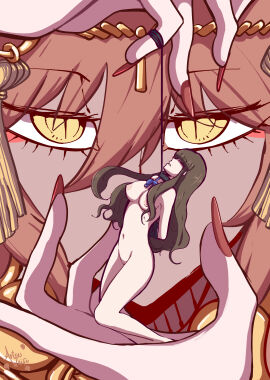 2girls amaterasu_(fate) artsu_waifu bondage brown_hair collar fate/extra_ccc fate_(series) female femdom giantess goddess hakunon_(female) kishinami_hakuno_(female) leash micro_female multiple_females multiple_girls pink_hair ribbon size_difference tamamo_no_mae_(fate) yellow_eyes