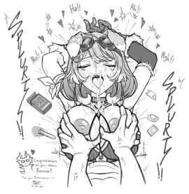 1boy 1girls animal_ears big_breasts bonnie_barkswell breast_grab breasts closed_eyes cum cum_on_face cumshot cyngapra dog_ears dog_girl ejaculation ejaculation_between_breasts english_text female globie large_breasts lying_on_back male monochrome on_back open_mouth paizuri tagme titfuck titjob unseen_male_face virtual_youtuber