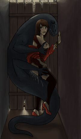 1girls against_wall alley alleyway ass big_dom_small_sub black_legwear black_thighhighs blush bracelet breasts brown_hair closed_eyes clothed_sex clothing cum cum_in_pussy cum_inside demeterservant female feral_on_female feral_on_human feral_penetrating feral_penetrating_female feral_penetrating_human from_behind from_behind_position green_eyes human human_penetrated interspecies larger_male long_hair male monster nipples penetration pussy red_shirt sex shirt shirt_down size_difference smaller_female smile spread_legs standing story_at_source teratophilia thighhighs torn_clothes vaginal_penetration wide_hips