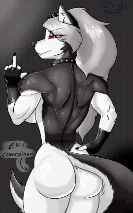 absurd_res anthro ass athletic back_muscles big_breasts big_butt big_hair black_body black_fur black_nose breasts canid canid_demon canine canis claudywewe clothing collar demon ears_up female fur gesture glare_(lighting) gloves gray_background gray_hair gray_lips gray_lipstick grey_background grey_hair grey_lipstick hair hand_gesture hand_in_hair hand_on_hip handwear hellaverse hellhound helluva_boss hi_res lipstick loona_(helluva_boss) makeup mammal middle_finger mythological_canine mythological_creature mythology nude nude_female piercing rear_view red_eyes side_view simple_background solo stern_look tail text touching_hair white_body white_fur wolf