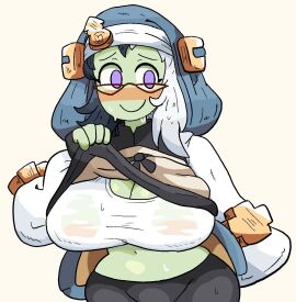 1girls big_breasts black_hair breasts bridget_(guilty_gear)_(cosplay) cleavage clothed_female commissioner_upload cosplay female glasses green_body green_skin guilty_gear guilty_gear_strive lifting_clothing multicolored_hair notnoe_(dxcl) purple_eyes solo solo_female sweat white_background white_hair yono_wright