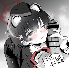 1boy 1girls absurdres aburi_tarako18 allied_hyakkiyako_academy_student animal_ears assertive_female balls balls_grab bar_censor blue_archive blush breasts caressing_balls caressing_testicles censored cheek_press erection female flower garrison_cap gloves greyscale hair_between_eyes hair_flower hair_ornament halo hat heart highres inner_discipline_club_(blue_archive) jacket long_sleeves looking_at_viewer male monochrome official_alternate_costume one_eye_closed open_mouth penis penis_grab penis_on_face pov raccoon_ears short_hair simple_background smile solo_focus spot_color straight sweat testicles translation_request tsubaki_(blue_archive) tsubaki_(guide)_(blue_archive) twitching_penis uniform veins veiny_penis