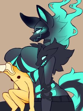 anthro banana big_breasts black_body black_fur blue_body blue_eyes blue_fur breasts canid canid_demon canine canis cerberus_(fortnite) cleavage clothed clothing demon epic_games female fire fishkittn flaming_hair flaming_tail food fortnite fruit fur hair hellhound hi_res larger_female male mammal mask mythological_canine mythological_creature mythology no_pupils peely plant pseudo_hair rule_63 size_difference smaller_male smile solo solo_focus tail thick_thighs tuft wide_hips