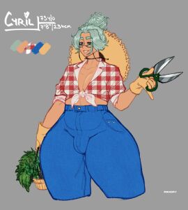 1boy artist_name basket blue_jeans bulge bulge_through_clothing character_profile clothed collarbone curvy cyril dilf english_text father femboy femboy_dilf femboy_gilf front-tie_top gardening_tools gilf glasses gloves grandfather grandpa green_hair hair_up hat_around_neck hi_res high_waisted_jeans high_waisted_pants human jeans lips male male_cleavage male_focus male_only mature_male messy_bun midriff midriff_baring_shirt oc old_male original plaid plaid_shirt pokko_(artist) shears simple_background smile solo straw_hat tall thick_eyebrows thick_thighs tied_shirt wide_hips