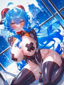 ahoge alternate_costume areola_slip arm_support backlighting bandaid bandaids_on_nipples between_legs black_bodysuit black_footwear black_gloves black_leotard black_thighhighs blonde_hair blue_hair blue_lips blue_skin blurry blurry_background blush bodysuit boots breastless_clothes breasts breasts_out brown_thighhighs building city cityscape cleavage closed_mouth colored_skin colored_tongue cosplay covered_collarbone covered_navel covered_nipples cross_pasties crossed_bangs depth_of_field dutch_angle female floating_hair ganyu_(genshin_impact) genshin_impact gloves goat_horns gradient_eyes hair_between_eyes hand_between_legs heart_pasties high_heels highleg highleg_leotard horns impossible_clothes indoors kneeling large_breasts latex lens_flare leotard light_particles long_hair long_sleeves looking_at_viewer makeup ministro multicolored_clothes multicolored_eyes on_floor open_mouth orange_hair outdoors pale_skin parted_lips pasties pilot_suit pink_eyes plugsuit purple_eyes railing rooftop science_fiction self_upload shiny_clothes shiny_skin shrug_(clothing) sidelocks sitting skin_tight skindentation skyscraper smile solo tape tape_on_nipples thick_thighs thigh_boots thighhighs thighs very_long_hair wariza wavy_hair white_skin wide_hips window