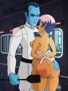1boy 1girls ass big_ass blue_hair bondage bondage_gear breasts captured captured_heroine female femsub grand_admiral_thrawn hand_on_ass male maledom nipples purple_hair riding_crop sabine_wren short_hair spank_marks spanking star_wars star_wars_rebels thebrise tied_up