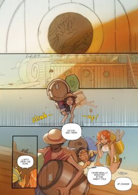 1girls boat comic detailed_background english_text female fully_clothed gay going_merry male monkey_d_luffy multiple_boys multiple_males nami_(one_piece) olu1132 one_piece pre-timeskip roronoa_zoro ship ship_deck stealth_sex usopp vinsmoke_sanji yaoi