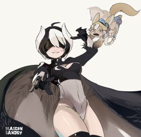 1girls black_and_white_hair black_blindfold blindfold breasts cape cosplay female female_focus leotard looking_at_viewer made_in_abyss maiconsandey medium_breasts nanachi nier:_automata open_mouth ozen short_hair smile solo_focus thick_thighs thighhighs two-tone_hair yorha_2b_(cosplay)