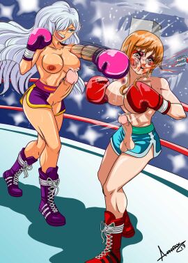 2futas alternate_leglength areolae asterix17 balls big_breasts big_penis boxing boxing_gloves boxing_ring breasts bruise charlotte_smoothie clothed clothing duo edit edited futa_on_futa futa_only futanari grey_hair human injury intersex josuegnr1993 light-skinned_futa light_skin long_hair mostly_nude nami_(one_piece) nipples one_piece orange_hair penis post-timeskip punch punching_face ryona sports_shorts standing topless topless_boxing topless_futa
