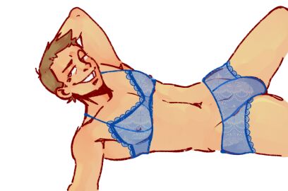 1boy 2d blonde_hair blue_eyes blue_team_(team_fortress_2) blush bra breasts brown_hair bulge bulge_through_clothing bulge_under_clothes crossdresser crossdressing feminine_male feminization human human_male human_only laying_down lingerie lingerie_only male male_only panties scout_(team_fortress_2) short_hair simple_background skimpy skinny skinny_male skinny_waist smile solo solo_focus solo_male spread_legs sweat team_fortress_2 teasing teeth teeth_showing young_male