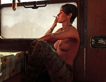 1girls 3d anna_miller_(metro) brown_hair cigarette female female_only jimpony metro_(series) metro_2033 metro_exodus short_hair smoking solo solo_female topless topless_female train
