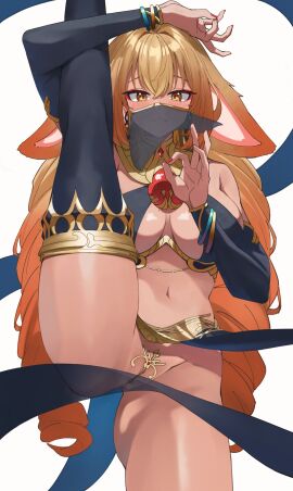 1girls animal_ears blonde_hair breasts commission dancer drill_hair female female_only harem_outfit highres large_breasts leg_lift leg_up long_hair lop_rabbit_ears mr_thecatman no_panties rabbit_ears see-through_clothes see-through_veil shibi_cottonbum solo tan-skinned_female tan_skin thighhighs twin_drills underboob vallure vallure_gen_1:indulge veil virtual_youtuber