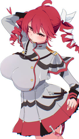 1girls 2d 2d_(artwork) ahoge alternate_breast_size big_breasts blush breasts clothed clothing female female_only fully_clothed h14 hair_ornament hairbow heart_symbol huge_breasts kasane_teto kasane_teto_(sv) large_breasts red_eyes red_hair skirt solo solo_female synthesizer_v twin_drills utau