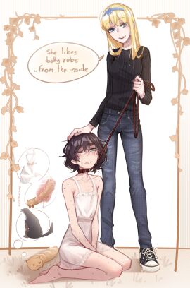 2girls animal_collar bare_shoulders barefoot black_hair black_sweater blind_girl's_dog_(popopoka) blind_girl_(popopoka) blonde_girl_(popopoka) blonde_hair body_freckles breasts canine cat_baguette_(popopoka) clothed clothed_female collar collarbone converse_shoes denim dress english_text erika_(popopoka) female female_focus female_only femdom femsub flat_chest freckles grass holding holding_leash indoors inside jeans kneeling leash leash_and_collar leash_pull lezdom long_hair medium_breasts multiple_females multiple_girls one_eye_closed original pants petplay popopoka short_hair smile sophie_(popopoka) speech_bubble sweater teeth true_flat_chest white_dress wholesome yuri