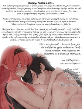 1boy 1girls absurdres after_sex alternate_hairstyle bare_shoulders bite_mark blush breasts english_text female hair_between_eyes hair_down highres large_breasts lipstick long_hair makeup male male_rover_(wuthering_waves) messy_hair nude rover_(wuthering_waves) shiwudesu smile straight sweat tired wuthering_waves yinlin_(wuthering_waves)